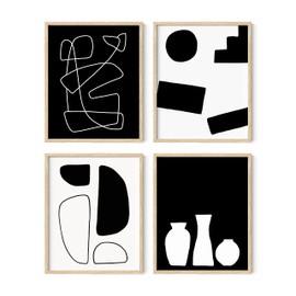 HAUS AND HUES Black and White Wall Art – Set of 4 Geometric Abstract Prints, Minimalist Shapes, Modern Art Décor for Walls (Beige Frame, 8x10)