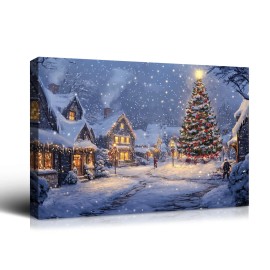 Christmas Gift Winter Wall Decor Snowy Village, Tree & Glowing Lights, Great for Festive Cheer & Home Christmas DecorColor: multi color, Size: 36*24 inch