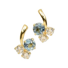 Four Leaf Clover: Kk149 18K Gold Earrings, 18k Blue Topaz, Cubic Zirconia, K18 Yellow Gold, Natural Stone, November, Birthstone (1 Pair for Both Ears), Gemstone, blue-topaz