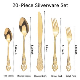 Retro Royal Gold Silverware Set With Gift Box, 20-Pieces Cutlery Set Utensils Stainless Steel Flatware For 4 MIKIWAY Kitchen Tableware Set For Gifts Festive, Dishwasher Safe, Mirror Polishing