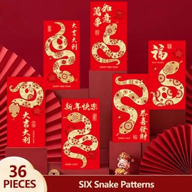 Licinwing 36Pcs Large Chinese New Year Red Envelopes 2025 Snake Lucky Money Red Envelope Packets Lunar Year Hong Bao with 6 Patterns - 3.54 x 6.7 inch