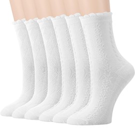 Halinuia 6 Pairs of Ruffle Socks Women's White Socks with Ruffles Women's Crew Socks Women's Traditional Socks Plain Socks Ballet Socks Knitted Socks Cotton Soft Breathable for Women Girls 35-40,