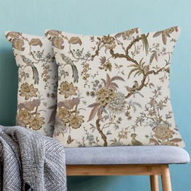 Chinoiserie Spring Pillow Covers 18 x 18 Inch Set of 2 Brown and White Floral Birds Throw Pillows Plant Outdoor Decorative Pillowcase Linen Cushion Cases for Bed Sofa Couch