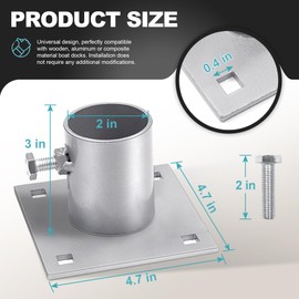 Desunqin Dock Bottom Pad, 4-3/5" Stationary Dock Base Plate Hardware, 2 Pcs Heavy Duty Dock Foot Plate with 2/5" Square Holes, Support & Hold Docks to Prevent Sinking, Silver