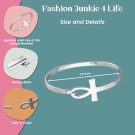 FashionJunkie4Life Sterling Silver Sideways Egyptian Ankh Key of Life Bangle Bracelet with Latch