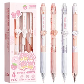 MOZXIRZ 4 Pcs Erasable Gel Pens Cute Pink Retractable Pens Cartoon Heart Erasable Pen 0.5mm Blue Ink Kawaii Writing Pen for Women Girls Boys Office School Supplies (Heart-Blue Ink)