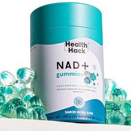 Health Hack NAD+ en Gomitas con 8 Ingredientes de Longevidad, 400 mg Nicotinamida Ribosa, 125 mg Resveratrol, 100 mg CoQ10, 75 mg Quercetina, PQQ y ALA, Sabor Mora Azul, Sin Azúcar, 60 Gomitas