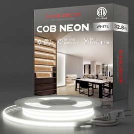 Shine Decor COB LED Neon Rope Light AC110-120V 32.8ft, 800lm Ultra Bright(6000K Cool White), IP65 Waterproof ETL COB LED Strip Light, Cuttable LED Tape Light for Cabinet Bedroom Commercial 10x4.5mm