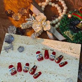 Valentine's Day Handmade Press on False Nails,10pcs Reusable Luxury Fake Nails Press on Coffin Red Nails with Jelly Adhesive Tabs (Size:Medium)