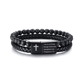 MEALGUET Men's Inspirational Bible Verse Bracelets Lava Rock Bead Bracelet Healing Balancing Braided Leather Wristband with Clasp