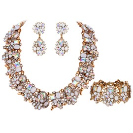 Ever Faith Women's Vintage Bib Statement Jewellery Sets, Floral Rhinestone Crystal Boho Chunky Choker Necklace Earrings Bracelet Set White