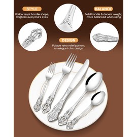 EUIRIO 48 Pieces Royal Silverware Set for 8, Gorgeous Retro Flatware Set with Steak Knives, Premium Stainless Steel Vintage Cutlery Utensils Set with Forks Spoons and Knives, Dishwasher Safe