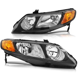 LSAILON Fit For Honda Civic 2006-2011 Headlight Assembly Black Housing Amber Reflector Clear Lens Driver and Passenger Side