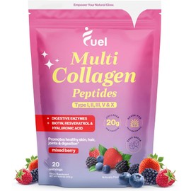 Fuel Multi Collagen Protein - Multi Collagen Peptides Powder for Women with Hyaluronic Acid & Biotin, Collagen Packets Promote Skin, Hair & Nail Health, Hydrolyzed Collagen Peptides Powder,Mixed Berry