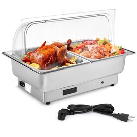 Electric Clear Roll Top Chafing Dish Buffet Set, 9 Qt Stainless Steel Catering Food Warmer with Visible Lid & 2 Pans and Rotate Button to Adjust Temperature for Parties, Wedding, Catering Events