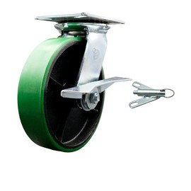 Heavy Duty Large Top Plate Polyurethane on Cast Iron Swivel Caster w/Main. Free Bearings and 8" x 2" Green Wheel & Side Lck Brake and Bolt on Swivel Lock-1250lbs Capacity/Caster - Service Caster Brand