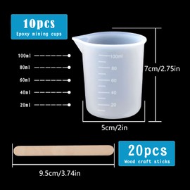 10stk 100ml Silikon Messbecher für Harz, Messbecher Epoxidharz Flexibler DIY Harzbecher Messen Handgemachtes Handwerk Gießen Epoxidharz mit 20stk Holzrührern