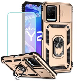 Vokuha Case for Vivo Y21 Case, Vivo Y33S (4G) V2111 V2109 Case with Tempered Glass Screen Protector and Slide Camera Cover, 360° Rotate Ring Stand Magnetic Cover for Vivo Y21 Gold