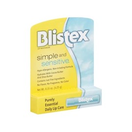 Blistex Hidratante labial simple y sensible, hipoalergénico con cacao y manteca de karité, sin sabor ni fragancia, 0.15 onzas (paquete de 12)