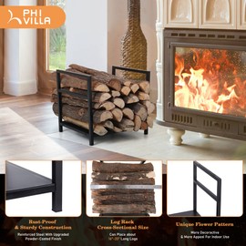 PHI VILLA 17 Inch Small Indoor/Outdoor Firewood Racks Bin Steel Log Carrier for Firewood Holder Wood Stove Accessories(Black)