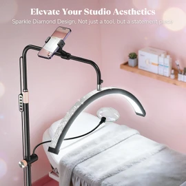 Half Moon Lash Light - Bling Diamond Lash Lamp with 4X Magnifier & Phone Holder, Adjustable Floor Lamp for Eyelash Extensions, Nail Art, Tattoo, Skincare, Dimmable Brightness, Rotating Head, Black
