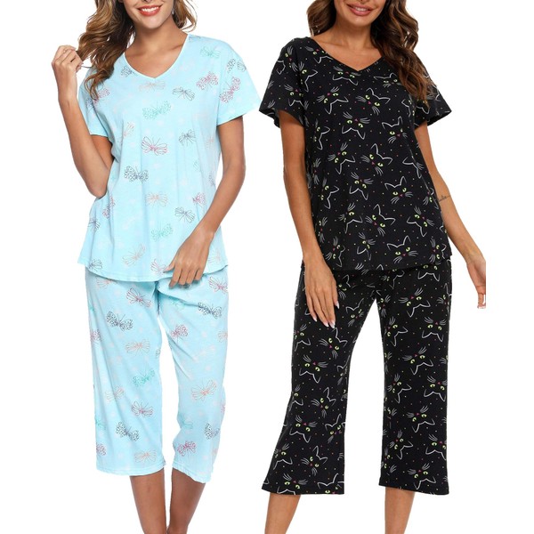 ENJOYNIGHT 2 Packs Womens Cotton Pajama Sets Short Sleeve Top