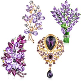 Tondiamo 4 Pcs Vintage Purple Brooches Crystal Lavender Flower Brooch Green Austrian Crystal Leaf Bouquet Teardrop Bouquet Poppy Flower for Woman Gift