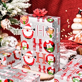 Flyhill Christmas Wrapping Paper- Mini Roll-17in*33ft(46.8sqft)-Shiny Silver Foil Red Santa Claus,Snowman,Penguin and Elk Design for Party,Celebration,Holiday