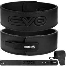 EVO Fitness Weight Lifting Belt with Lever Buckle Gym Leather Padded Lumbar Back Support Powerlifting Bodybuilding Deadlift Workout Training Dip Belts with 18" Wrist Straps for Men Women (Black, S)