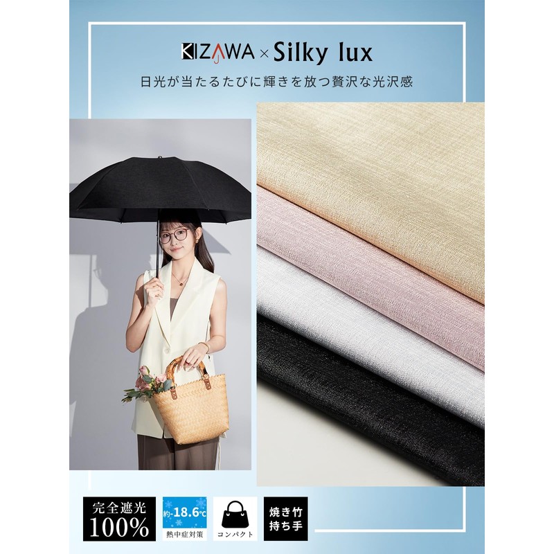 Kizawa Parasol, Foldable, Silky Glossy Fabric, Ribs, 21.7 inches (55