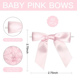 Baby Pink Twist Tie Bows for Treat Bags,Pink Bows,2.75" Pre-Tied Light Pink Bows Satin Ribbon Bows for Gift,Wrapping Premade Bows for Crafts, Party Favors, Wedding, Baby Shower Decorations (50 Pack)
