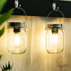 MJ Outdoor Mason Jar Lights Hanging Battery Operated Lamp Timer Cordless Lamps 2-Pack LED Decorative Garden Lanterns Glass Light for Patio Camping Courtyard Backyard Tree Hallway Stairs( Transparent)