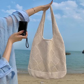Summer Beach Bag, Women's Shoulder Bag, Crochet Bags, Vintage Mesh Straw Bag, Women's Straw Shoulder Bag, Handbag, Boho Crochet Carry Bag for Travel, Shopping and Holidays, beige