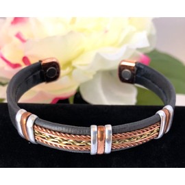 Shameg Solid Copper Leather Wrapped Magnetic Bracelet Men Women Energy Cuff Bangle L19