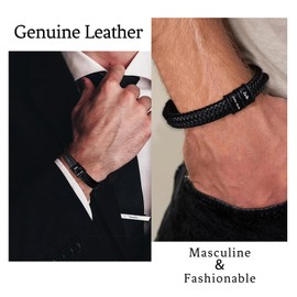 TERRISHE Gift for Men, Men's Leather Bracelet, Black Leather Bracelet, Christmas Gifts, Graduation, Birthday Gift for Dad, Son, Couples, Husband,, Stainless Steel, No Gemstone