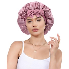 Silk Bonnet for Sleeping 100% Mulberry Women Double Layer Sleep Cap with Adjustable Elastic Band Silk Hair Wrap(Bean Paste+Pink)