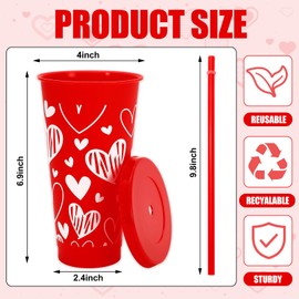 JarThenaAMCS 12Pcs Valentine's Day Plastic Cups with Straw and Lid Red White Heart Tumbler Love Heart Plastic Cups for Cold Drinks Valentines Wedding Home Office Decor
