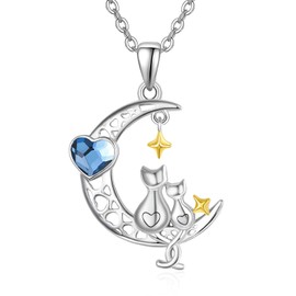 KINGWHYTE Cat Necklace, 925 Sterling Silver Crystal Pendant Cat on Moon Pendant Necklace Jewellery Gifts for Women Your Wife Girls (Chain Cat B), Sterling Silver, Moon