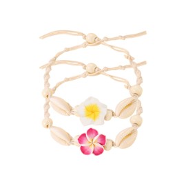 POYAMUSE 2pcs Hawaiian Plumeria Rubra Anklet Bracelet Set – Tropical Flower Shell Jewelry for Beach, Luau, Summer Wear, Adjustable-2pcs