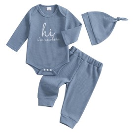 Vioyavo Newborn Baby Boy Clothes Set Long Sleeve Romper Long Pants Hat Waffle 3Pcs Set Autumn Winter Infant Outfits (Blue, 0-3 Months)
