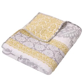 Levtex Home - St. Claire - Quilted Throw - 50x60in. - Suzani and Paisleys - Grey and Yellow - Reversible Pattern