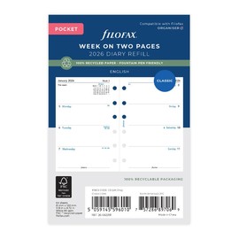 Filofax Week on Two Pages 2026 Pocket Diary Refill, English, 3.18"x4.72", Recycled Paper