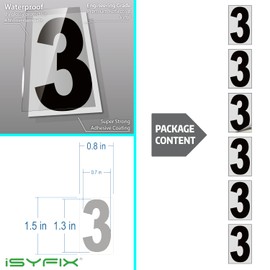 iSYFIX Black Vinyl Number 3 (Three) Sticker - 6 Pack 1.5 inch - Premium Decal, Reflective Background, Pre-Spaced for Mailbox, Sign, Window, Door, Car, Truck, Home, Business, Address, Indoor & Outdoor