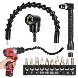 13 PCS Right Angle Drill and Flexible Drills Extension Kit, 300mm Flexible Drill Bit Extension + 105 Degree Right Angle Drills Attachment + 10 Sizes Bits Power Tools + Black L-Type Wrench