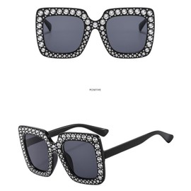 IKUVNA Oversized Crystal Rhinestone Sunglasses for Women Men Thick Frame Bling Glasses Sparkling Disco Glasses (Black)