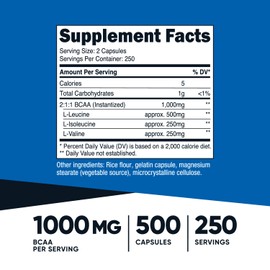Nutricost BCAA 1000mg, 500 Capsules (250 Serv), 2:1:1 Branched Chain Amino Acids (500mg of L-Leucine, 250mg of L-Isoleucine and L-Valine) (2 Bottles)