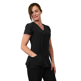 Green Town Scrubs for Women Scrub Set - V-Neck Top and Straight Leg Pant, 5 Pockets, Easy Care, Solids and Prints Uniforms -Black-Small