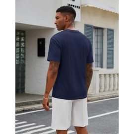 Cotrasen Mens T Shirts Tees Drop Shoulder Short Sleeve Cotton Breathable Loose Fit Cotton T-Shirts Summer Shirts Navy 2XL