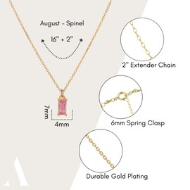 Annika Bella Birthstone Pendant Necklace for Women, Rectangle Princess Cut Charm Necklace, Birthday Jewelry Gift, Simulated Diamond, Sapphire, Emerald, Gold Necklace (Dark Pink - August)