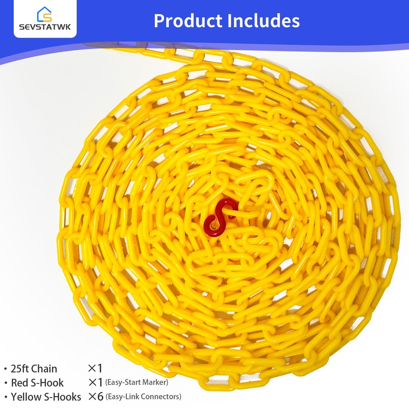 SEVSTATWK Yellow Plastic Chain 25ft, 1.42" Link, High Visibility Plastic